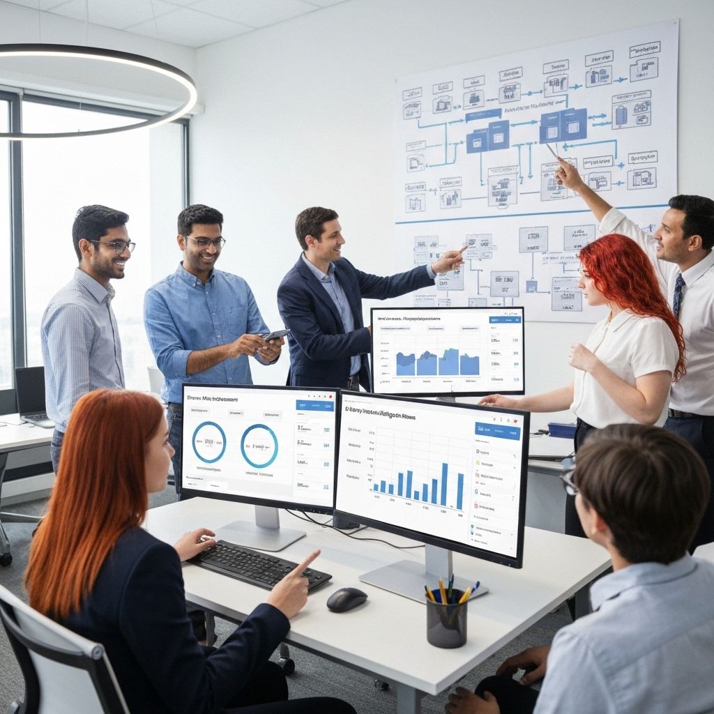 ERP implementation team collaborating on data migration strategy